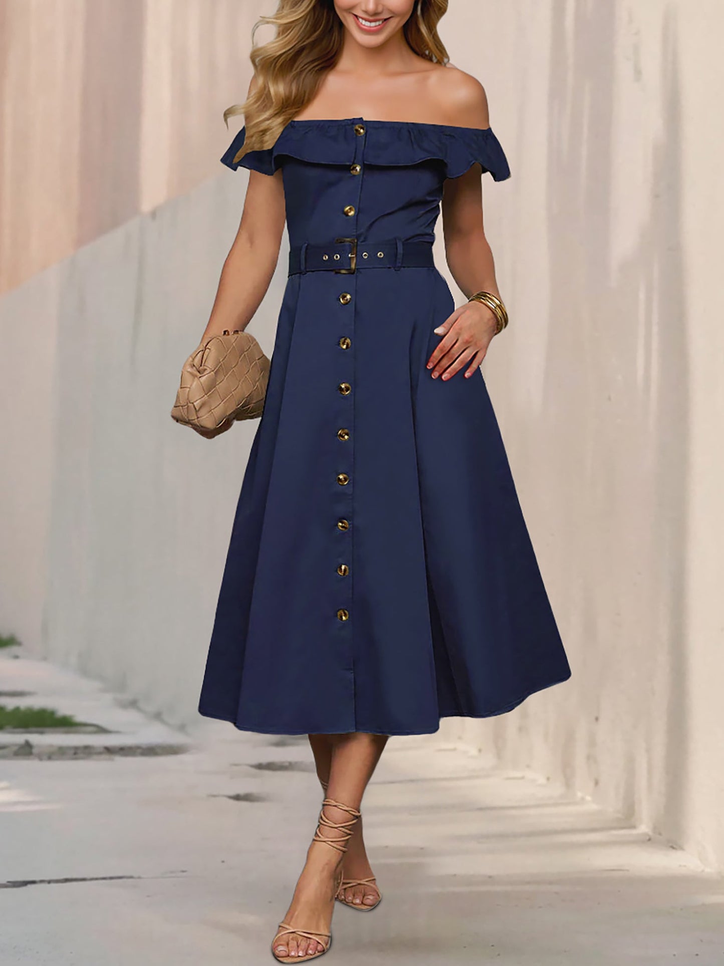 Off Shoulder Button Down Belted A-Line Dress