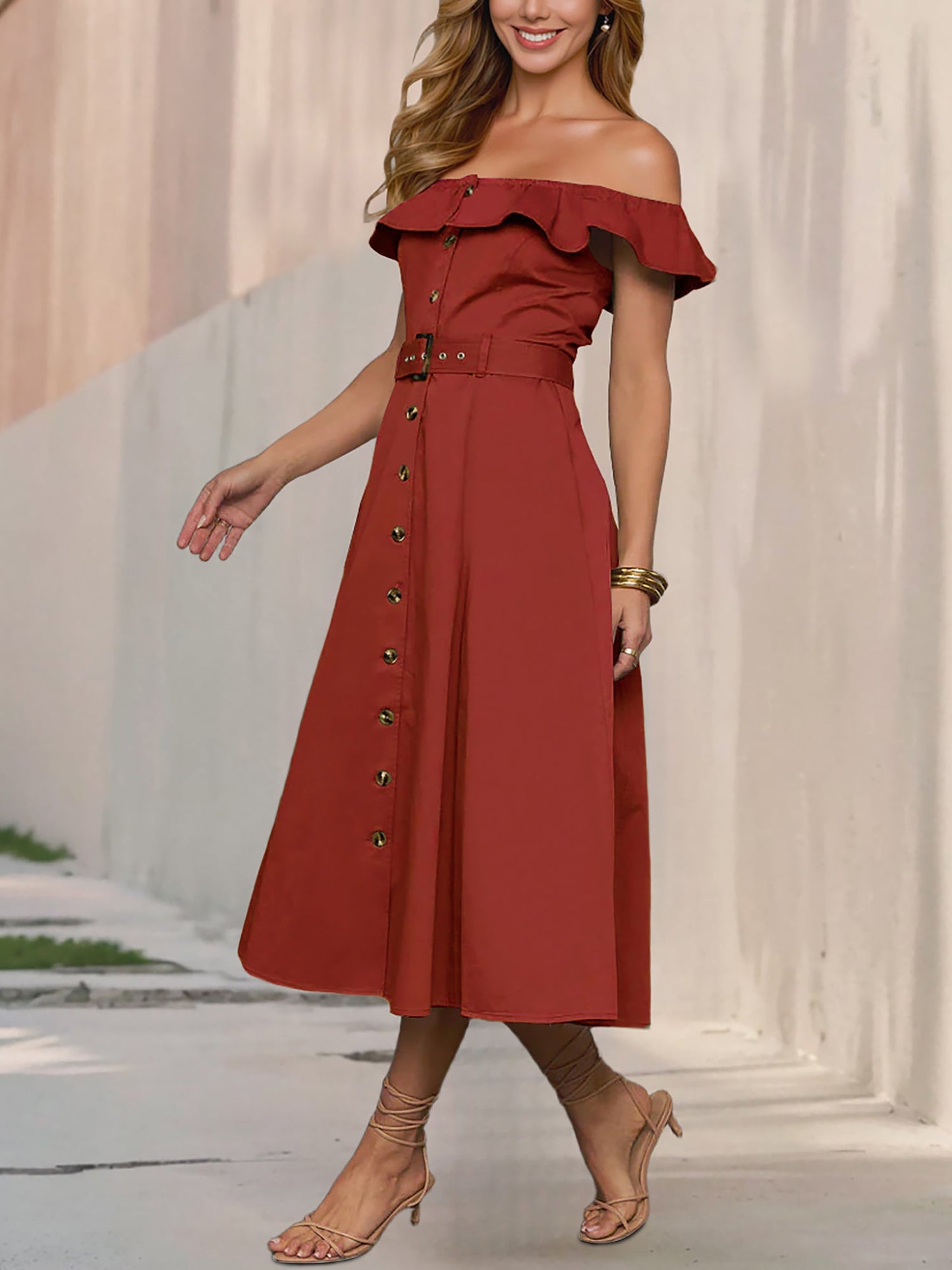 Off Shoulder Button Down Belted A-Line Dress
