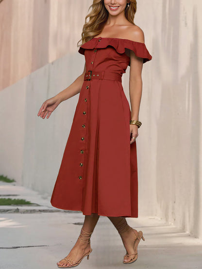 Off Shoulder Button Down Belted A-Line Dress