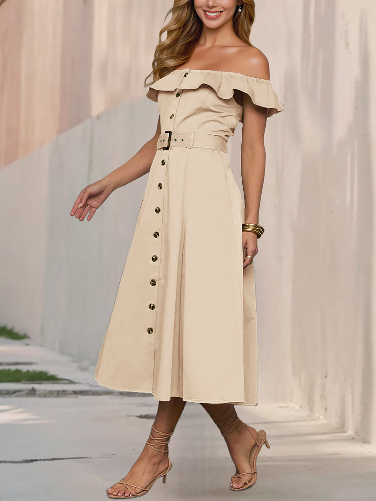 Off Shoulder Button Down Belted A-Line Dress
