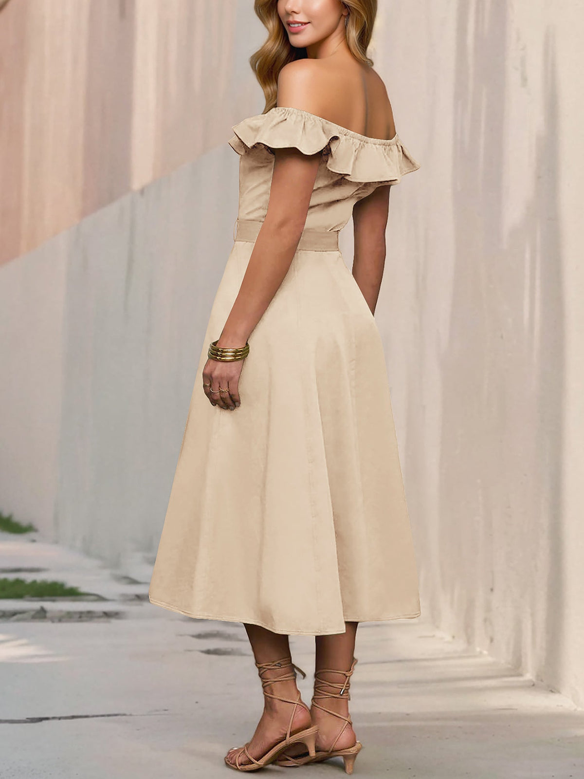 Off Shoulder Button Down Belted A-Line Dress