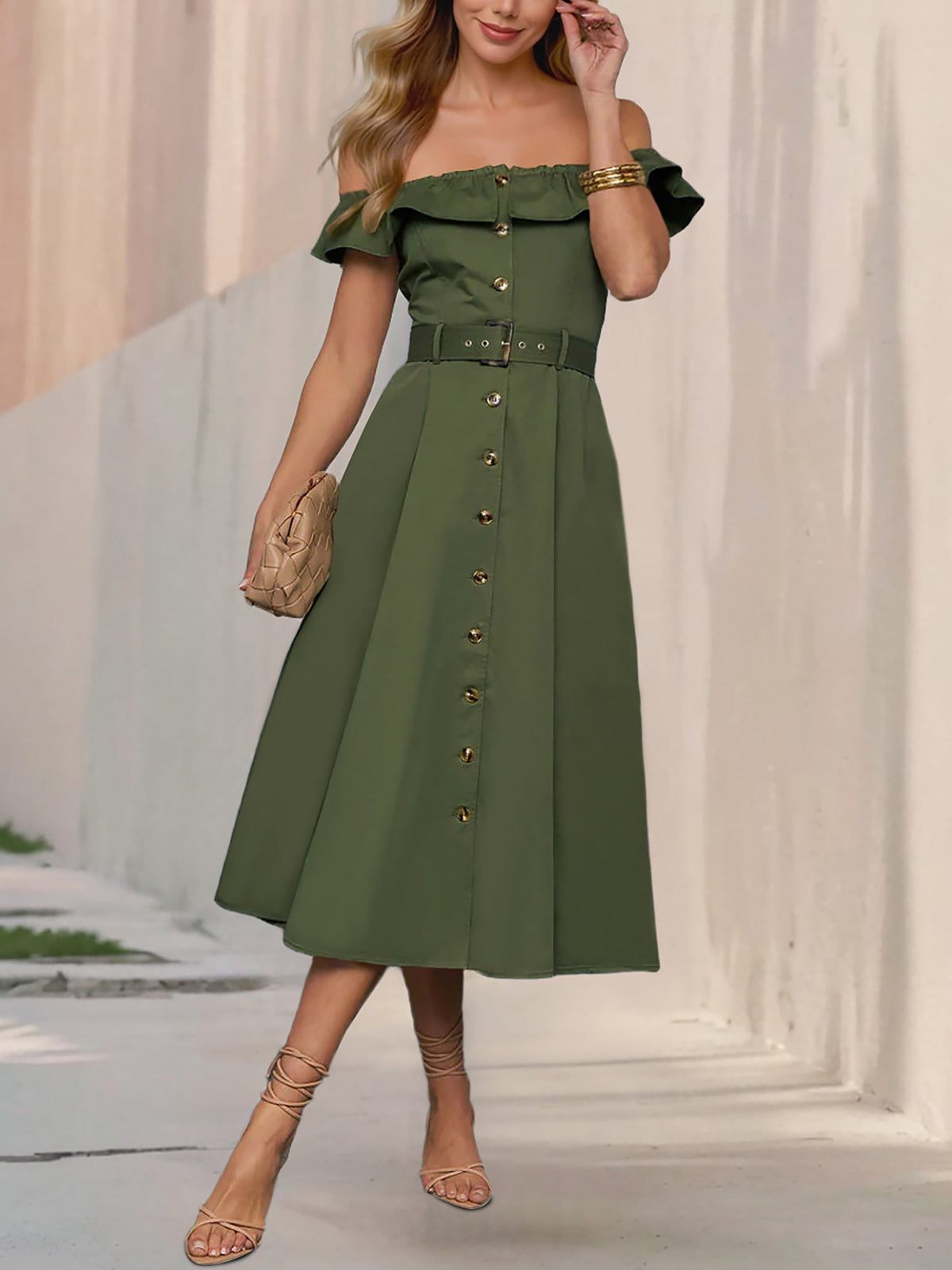 Off Shoulder Button Down Belted A-Line Dress