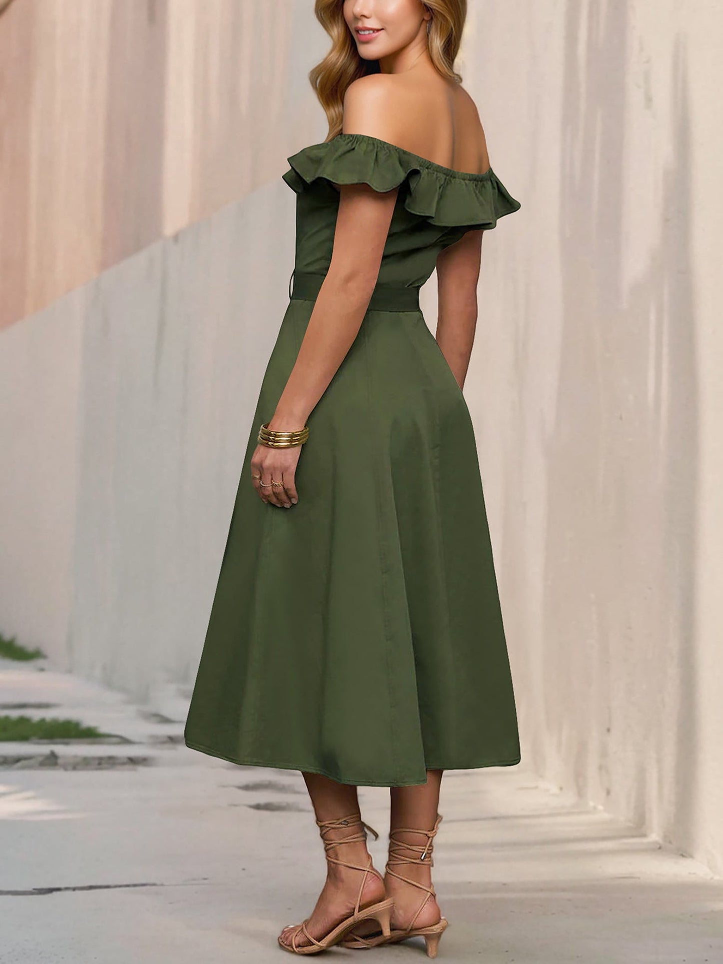 Off Shoulder Button Down Belted A-Line Dress
