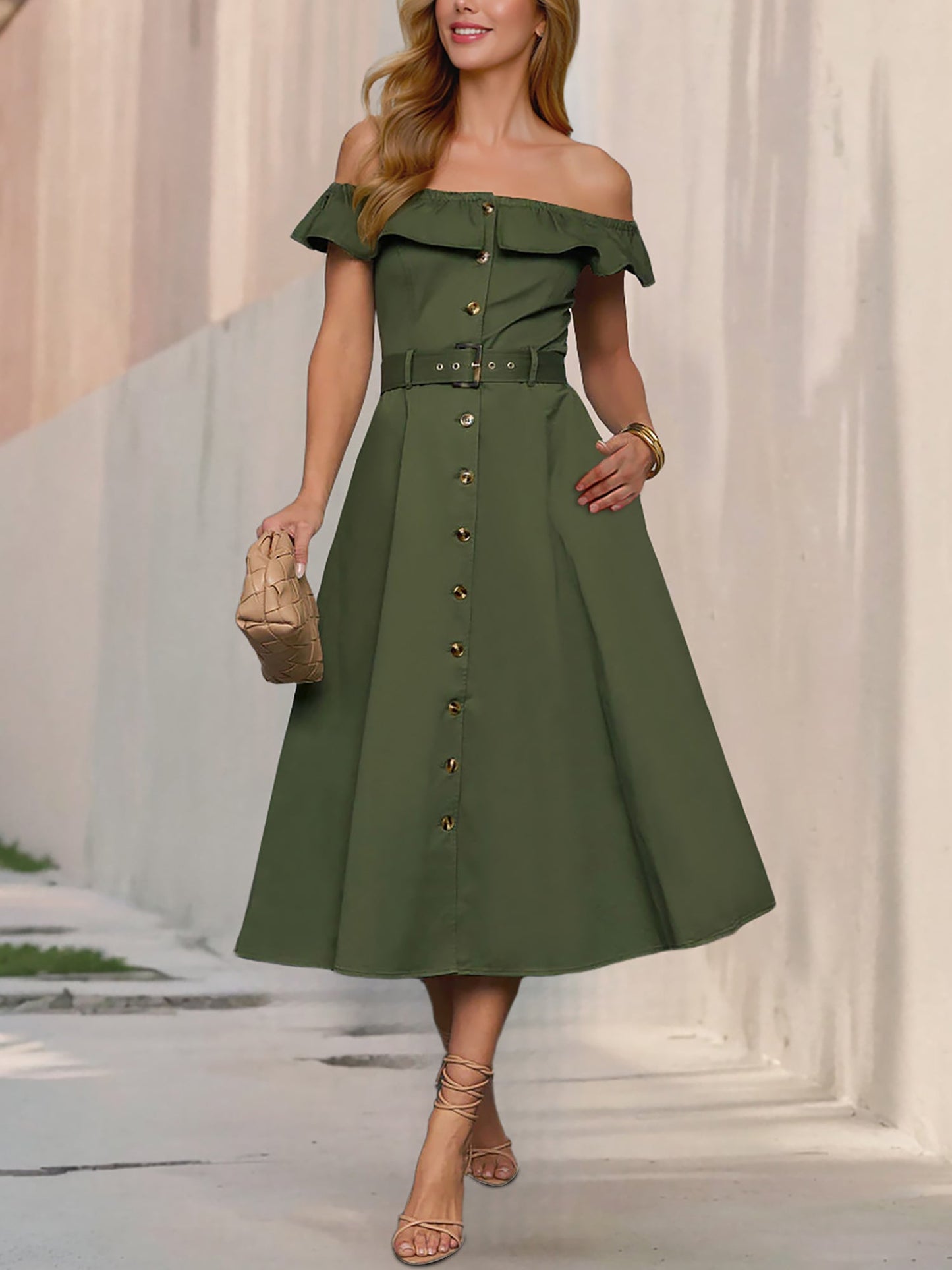 Off Shoulder Button Down Belted A-Line Dress