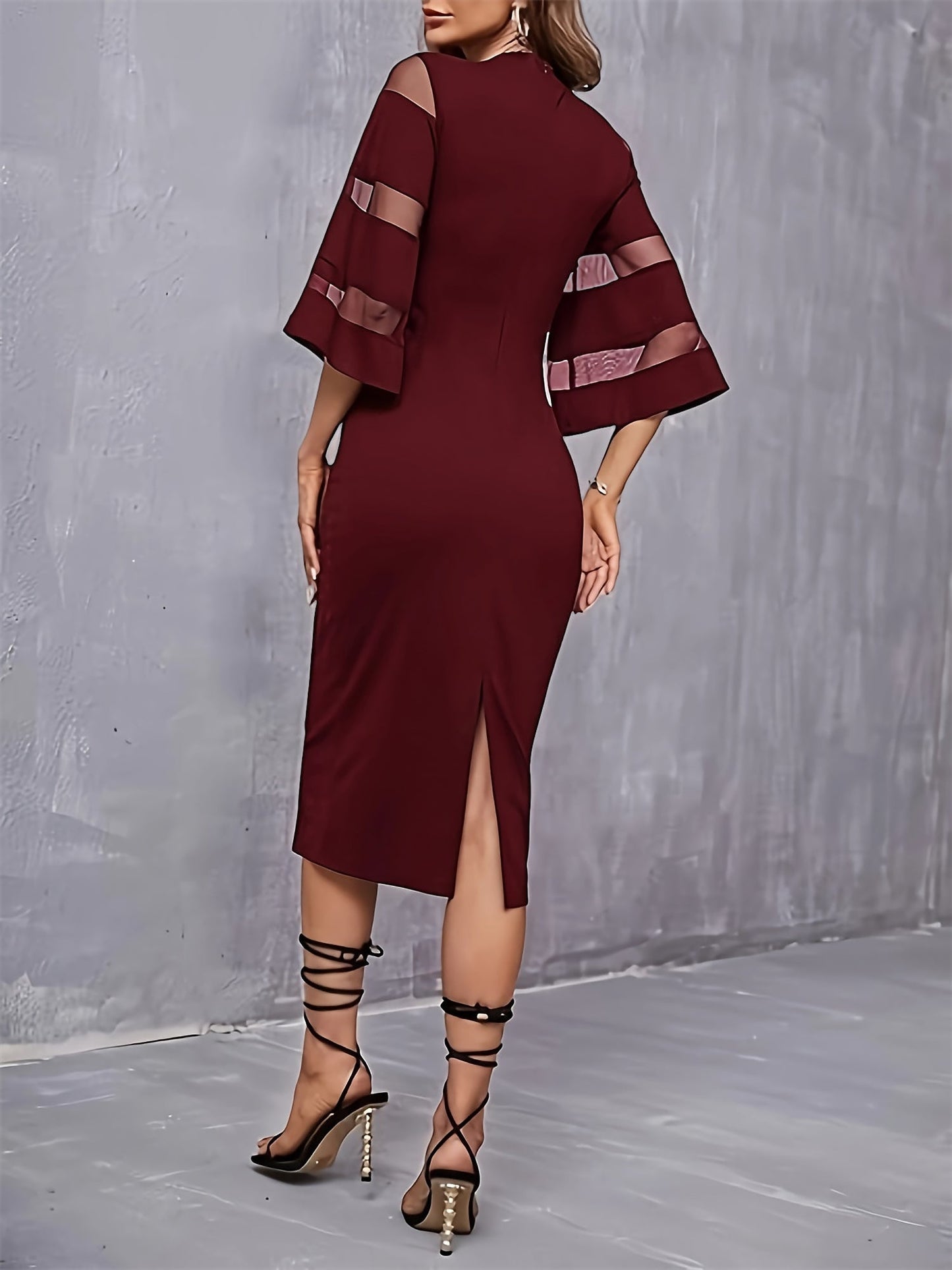 Round Neck Trumpet Sleeves Bodycon Midi Dress
