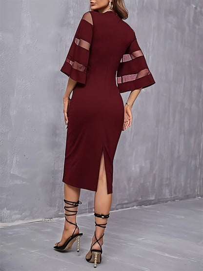 Round Neck Trumpet Sleeves Bodycon Midi Dress