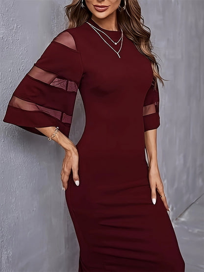 Round Neck Trumpet Sleeves Bodycon Midi Dress
