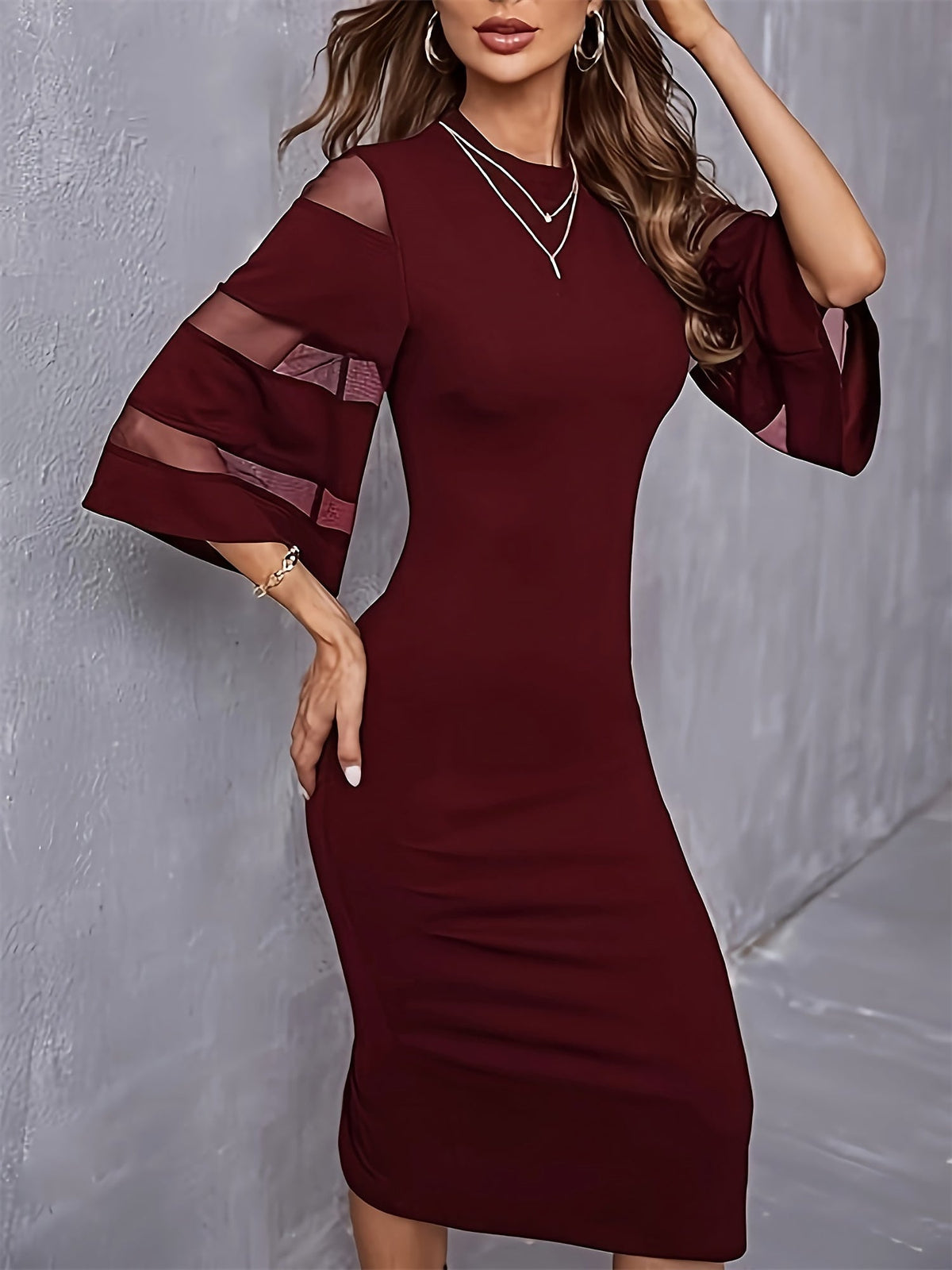 Round Neck Trumpet Sleeves Bodycon Midi Dress