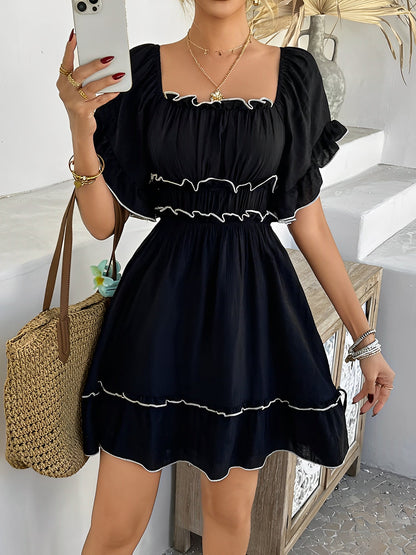 Lightweight Chiffon Ruffled Off Shoulder Mini A-Line Casual Dress