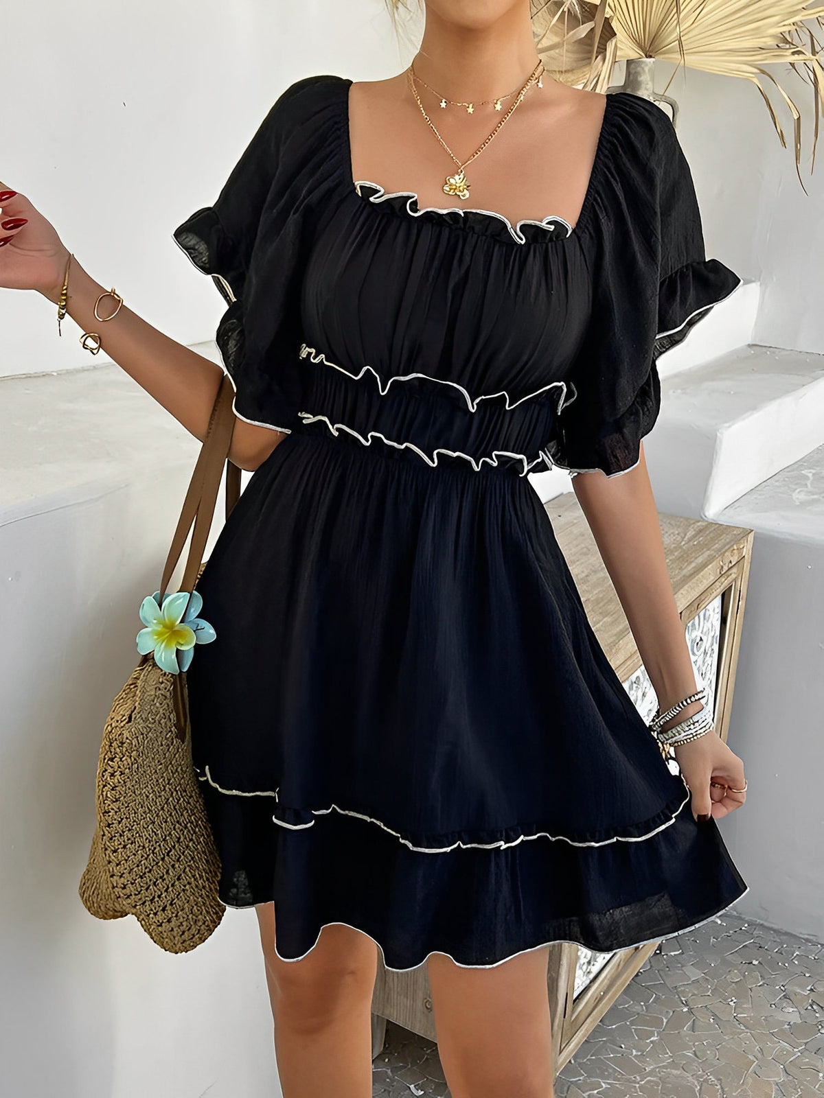 Lightweight Chiffon Ruffled Off Shoulder Mini A-Line Casual Dress