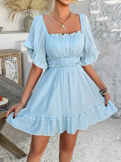 Lightweight Chiffon Ruffled Off Shoulder Mini A-Line Casual Dress