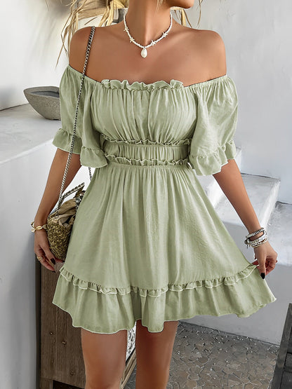 Lightweight Chiffon Ruffled Off Shoulder Mini A-Line Casual Dress