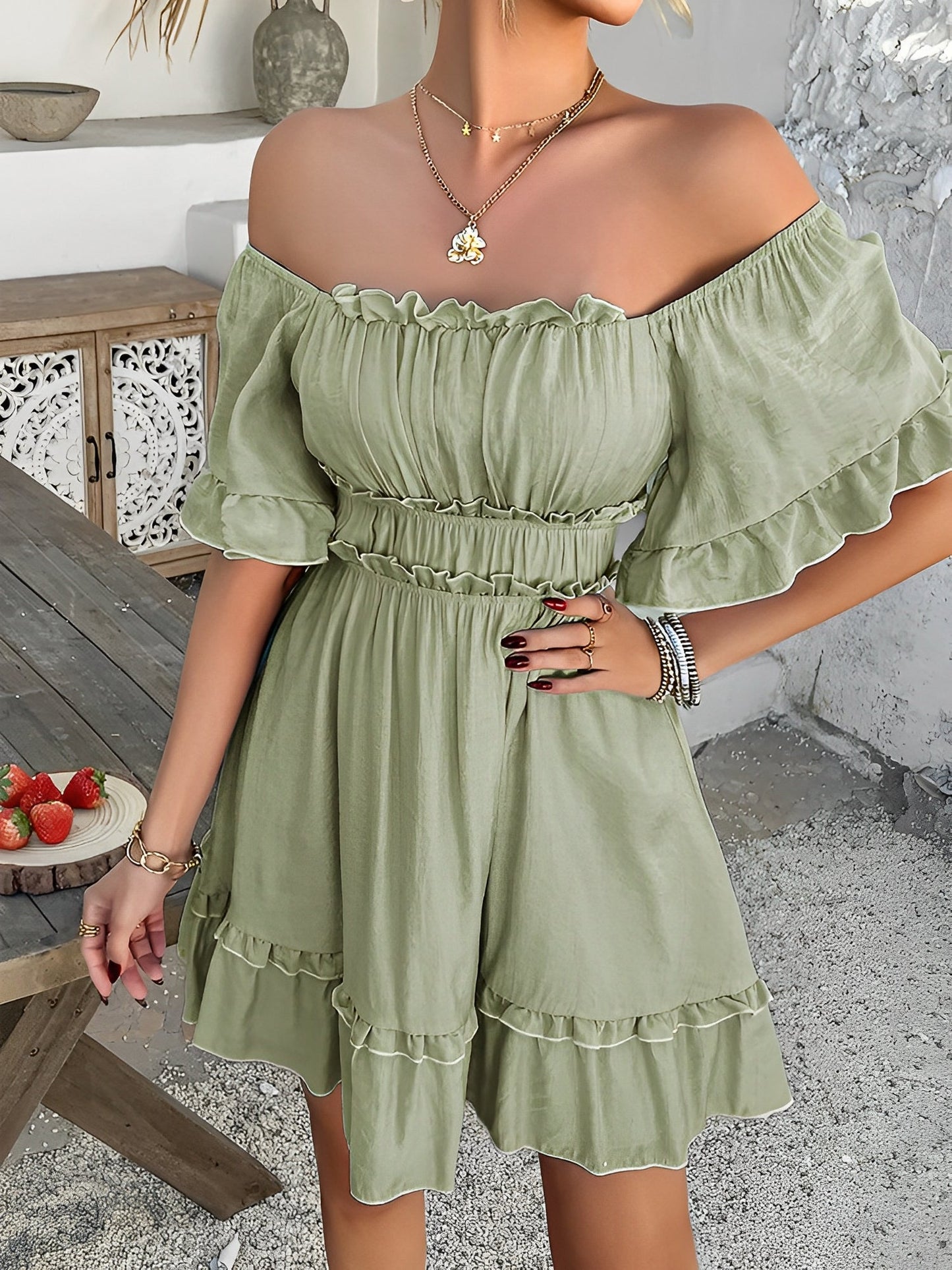 Lightweight Chiffon Ruffled Off Shoulder Mini A-Line Casual Dress
