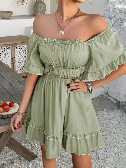 Lightweight Chiffon Ruffled Off Shoulder Mini A-Line Casual Dress