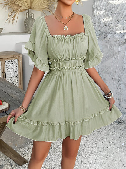 Lightweight Chiffon Ruffled Off Shoulder Mini A-Line Casual Dress