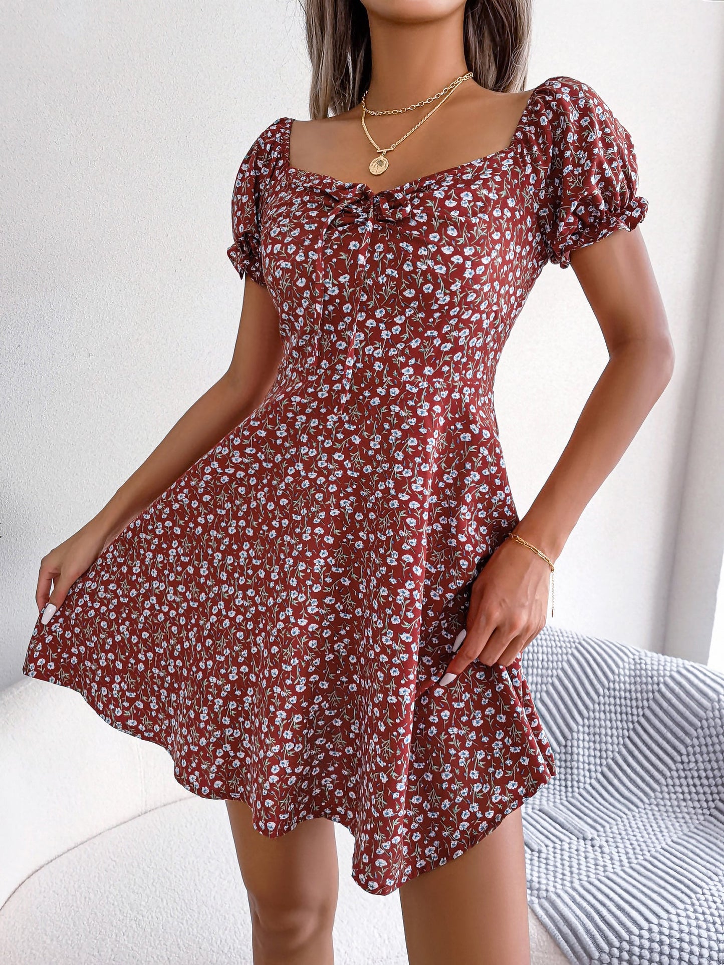 Floral Puff Short Sleeves A-Line Mini Dress