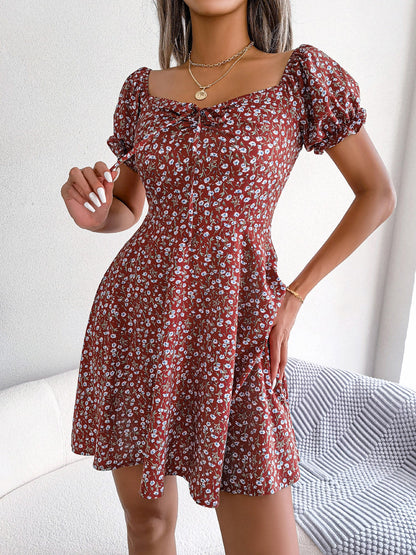 Floral Puff Short Sleeves A-Line Mini Dress
