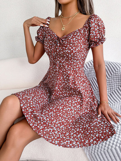 Floral Puff Short Sleeves A-Line Mini Dress