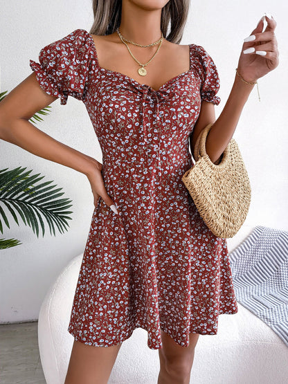 Floral Puff Short Sleeves A-Line Mini Dress