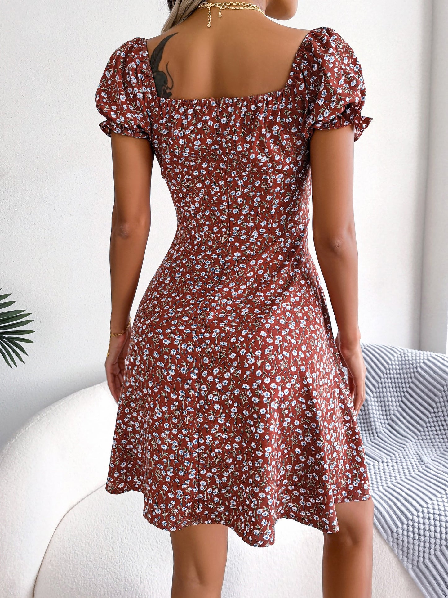 Floral Puff Short Sleeves A-Line Mini Dress