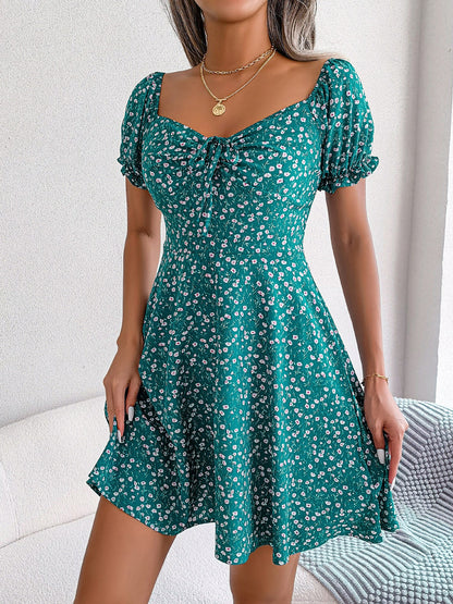 Floral Puff Short Sleeves A-Line Mini Dress