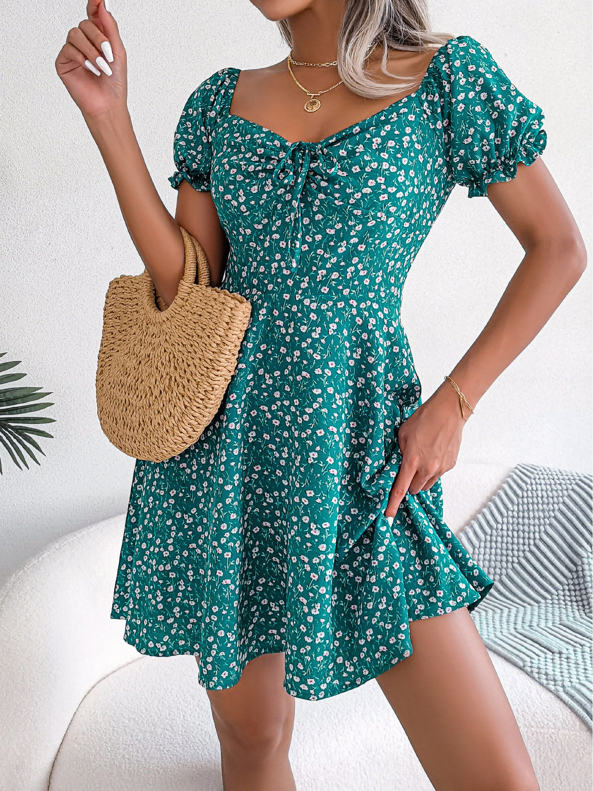 Floral Puff Short Sleeves A-Line Mini Dress