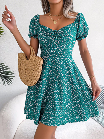 Floral Puff Short Sleeves A-Line Mini Dress