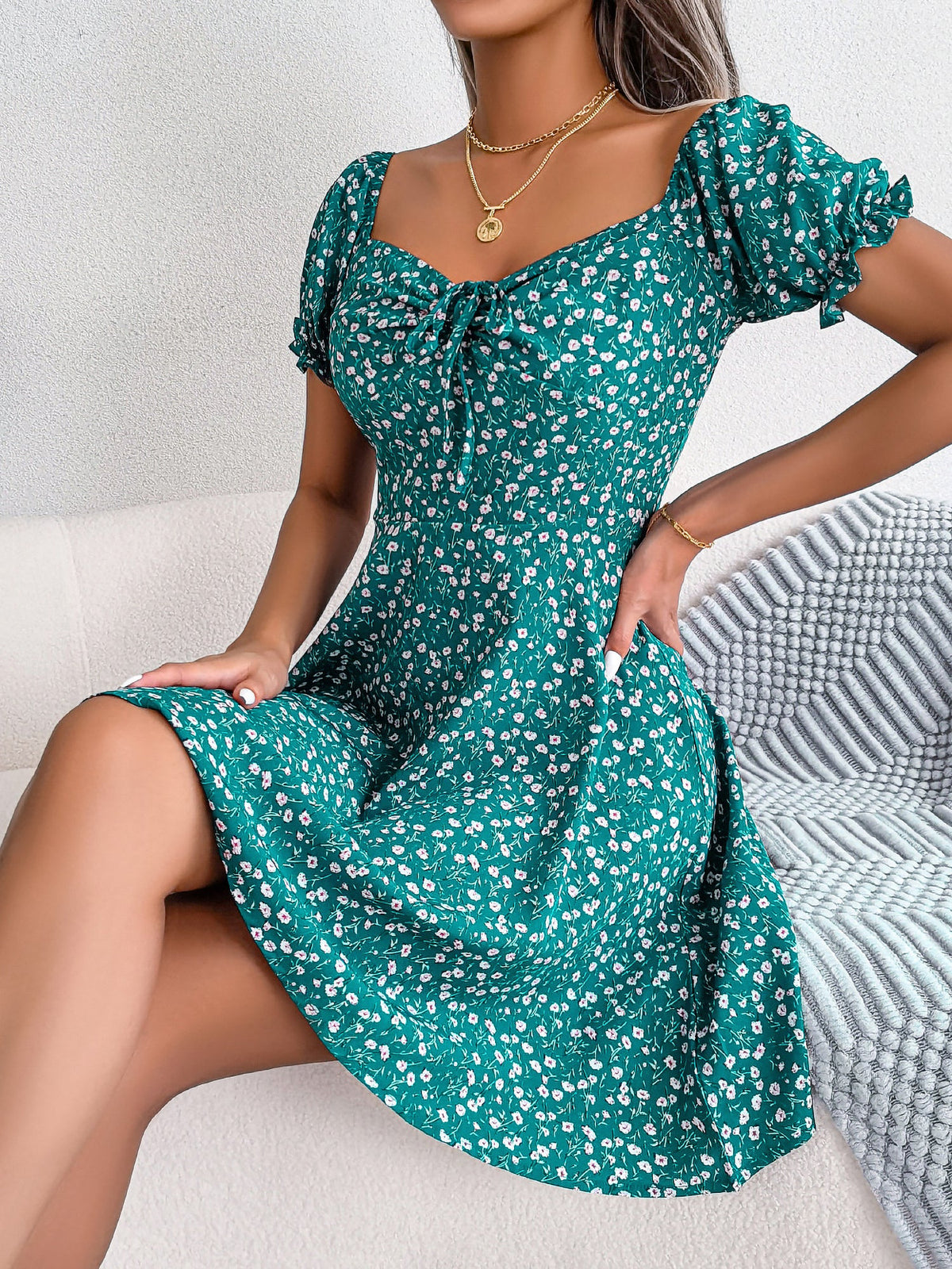 Floral Puff Short Sleeves A-Line Mini Dress