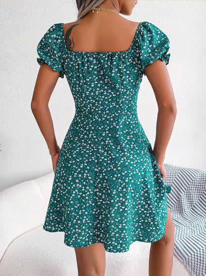 Floral Puff Short Sleeves A-Line Mini Dress