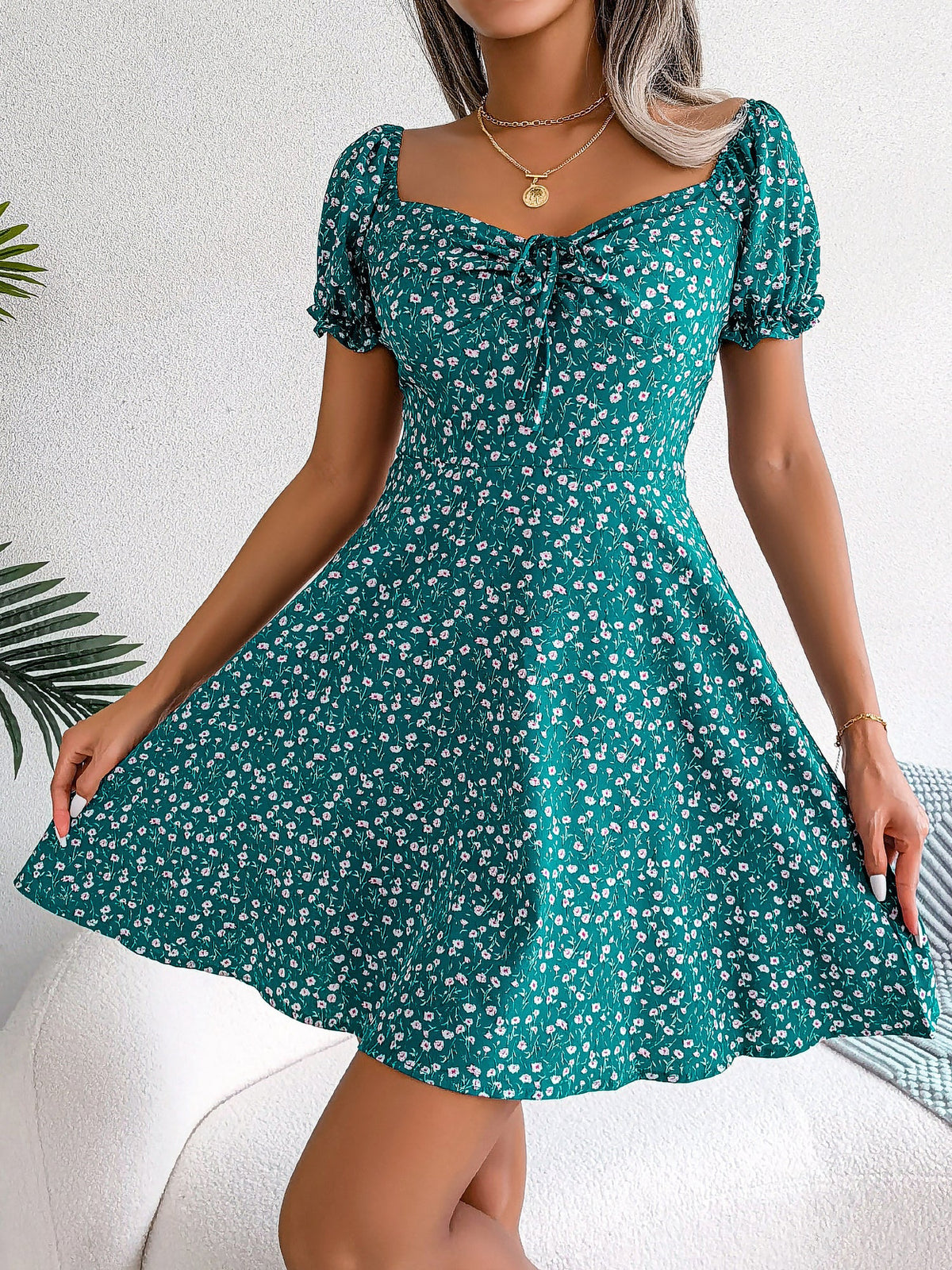 Floral Puff Short Sleeves A-Line Mini Dress