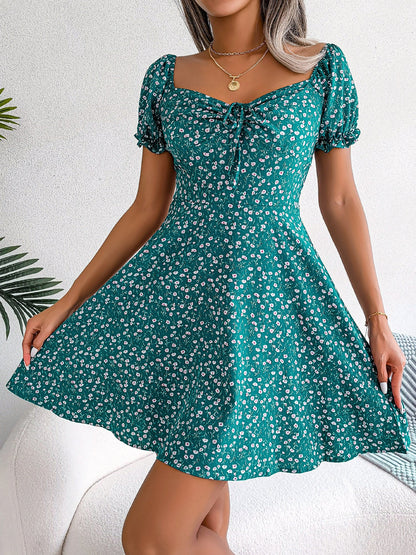 Floral Puff Short Sleeves A-Line Mini Dress