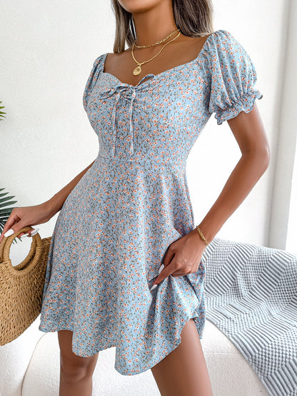 Floral Puff Short Sleeves A-Line Mini Dress