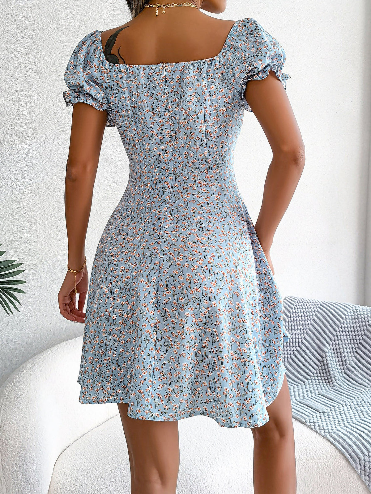 Floral Puff Short Sleeves A-Line Mini Dress