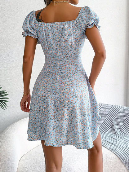 Floral Puff Short Sleeves A-Line Mini Dress