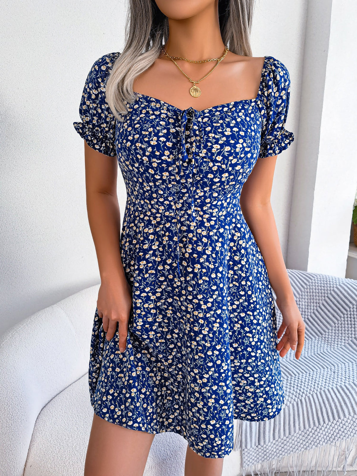 Floral Puff Short Sleeves A-Line Mini Dress