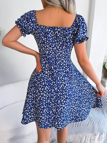 Floral Puff Short Sleeves A-Line Mini Dress