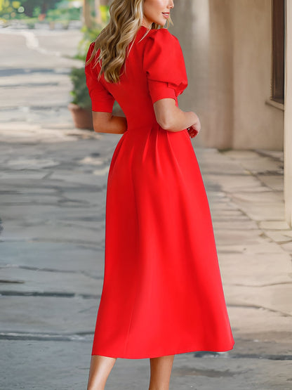 Solid Color Pleated V Neck Puff Sleeve Midi Dress