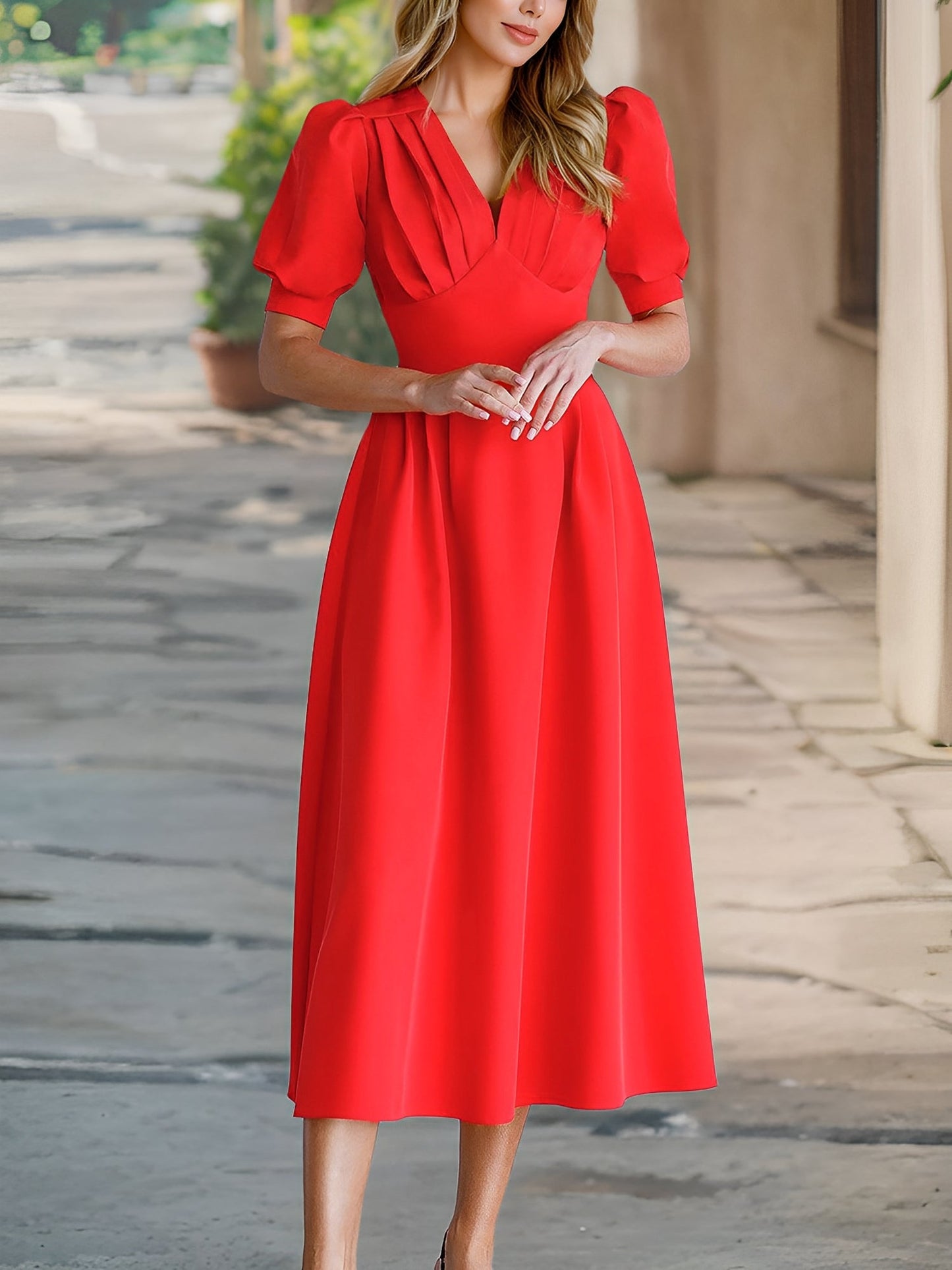 Solid Color Pleated V Neck Puff Sleeve Midi Dress