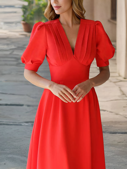 Solid Color Pleated V Neck Puff Sleeve Midi Dress