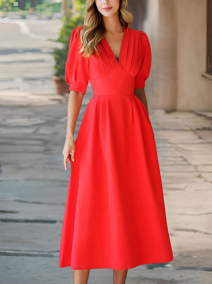 Solid Color Pleated V Neck Puff Sleeve Midi Dress
