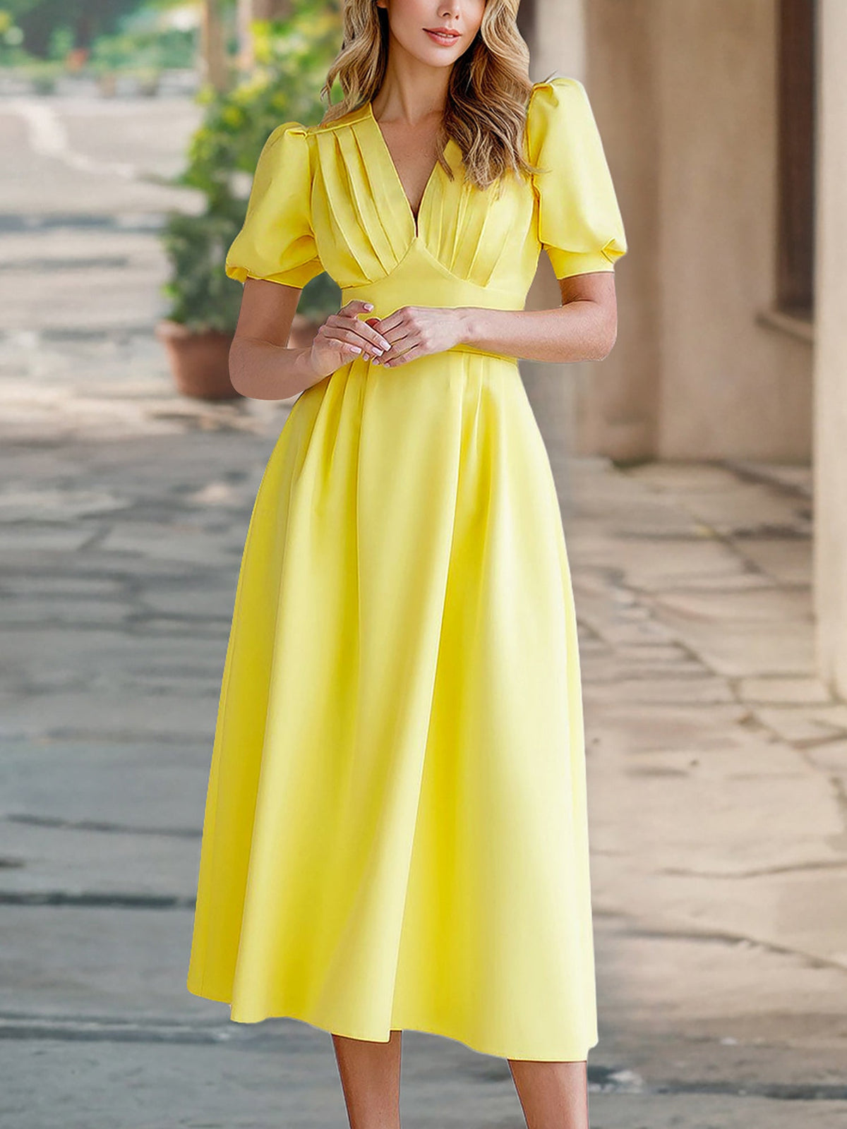 Solid Color Pleated V Neck Puff Sleeve Midi Dress