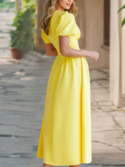 Solid Color Pleated V Neck Puff Sleeve Midi Dress