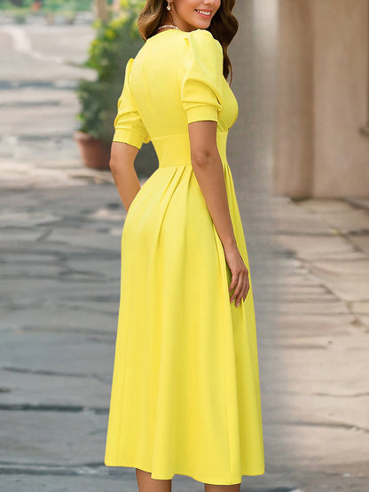 Solid Color Pleated V Neck Puff Sleeve Midi Dress