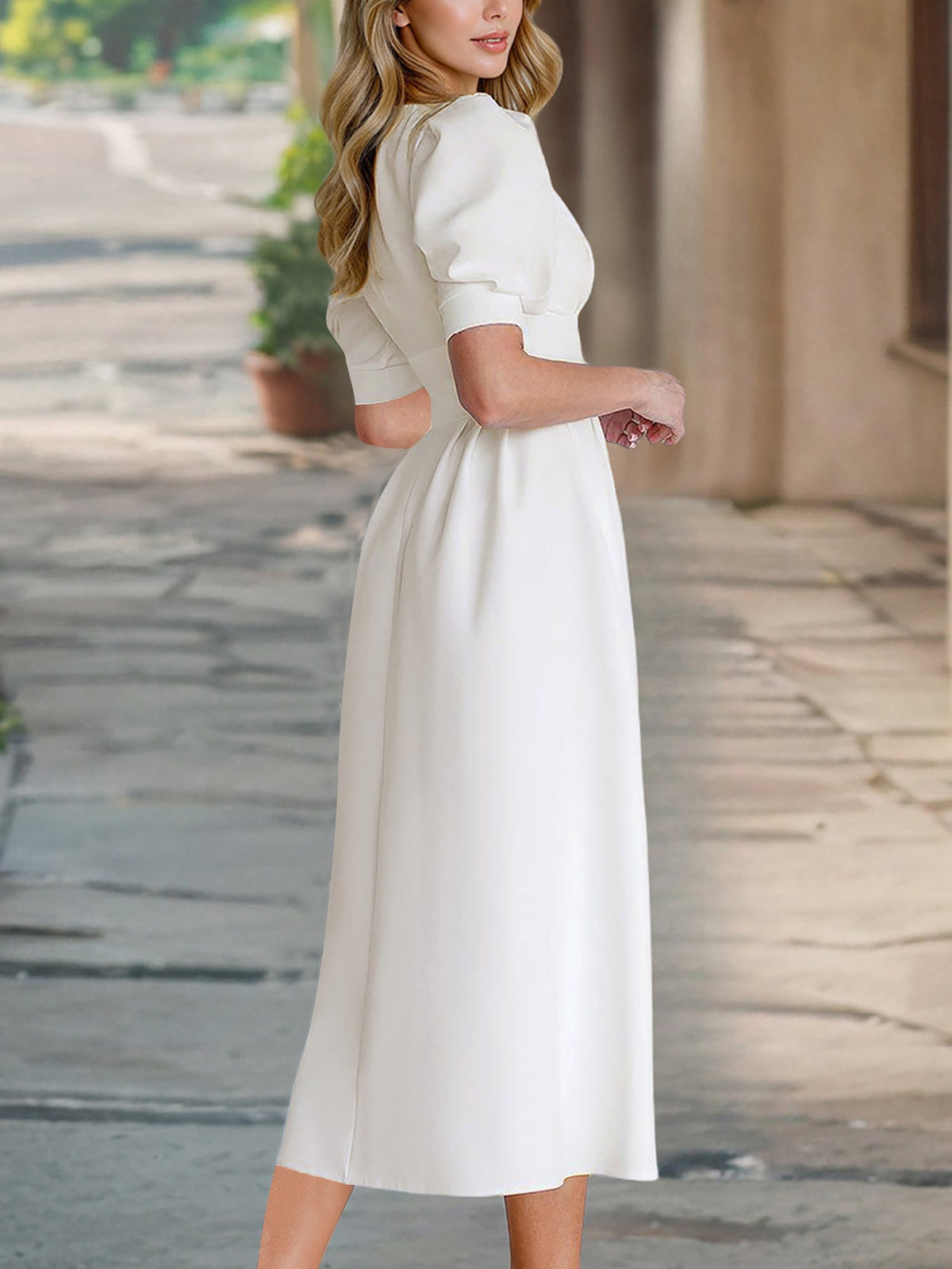 Solid Color Pleated V Neck Puff Sleeve Midi Dress