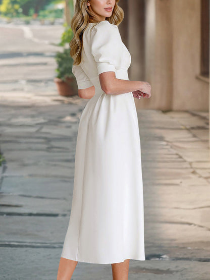 Solid Color Pleated V Neck Puff Sleeve Midi Dress