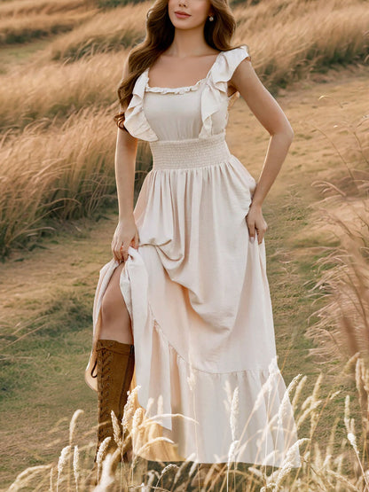 Off Shoulder Ruffled Solid Color Maxi Dress