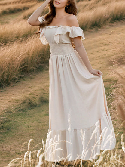 Off Shoulder Ruffled Solid Color Maxi Dress