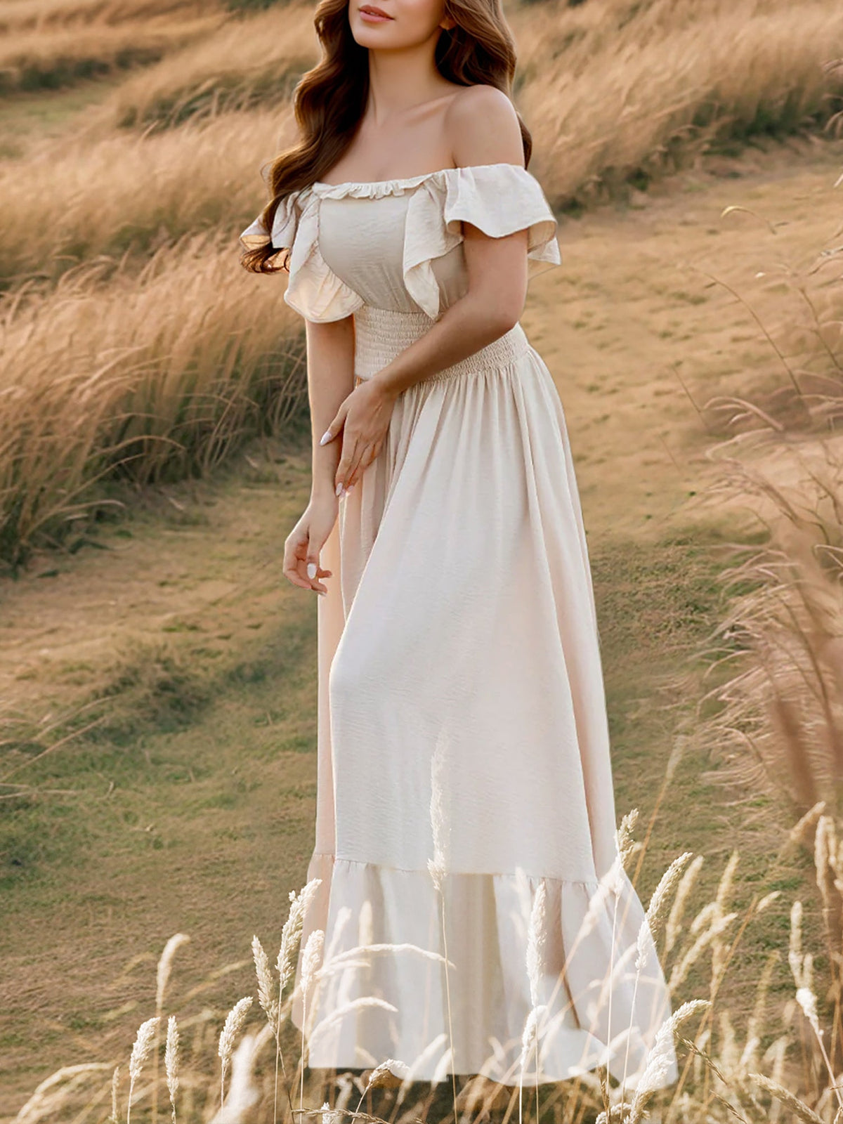 Off Shoulder Ruffled Solid Color Maxi Dress