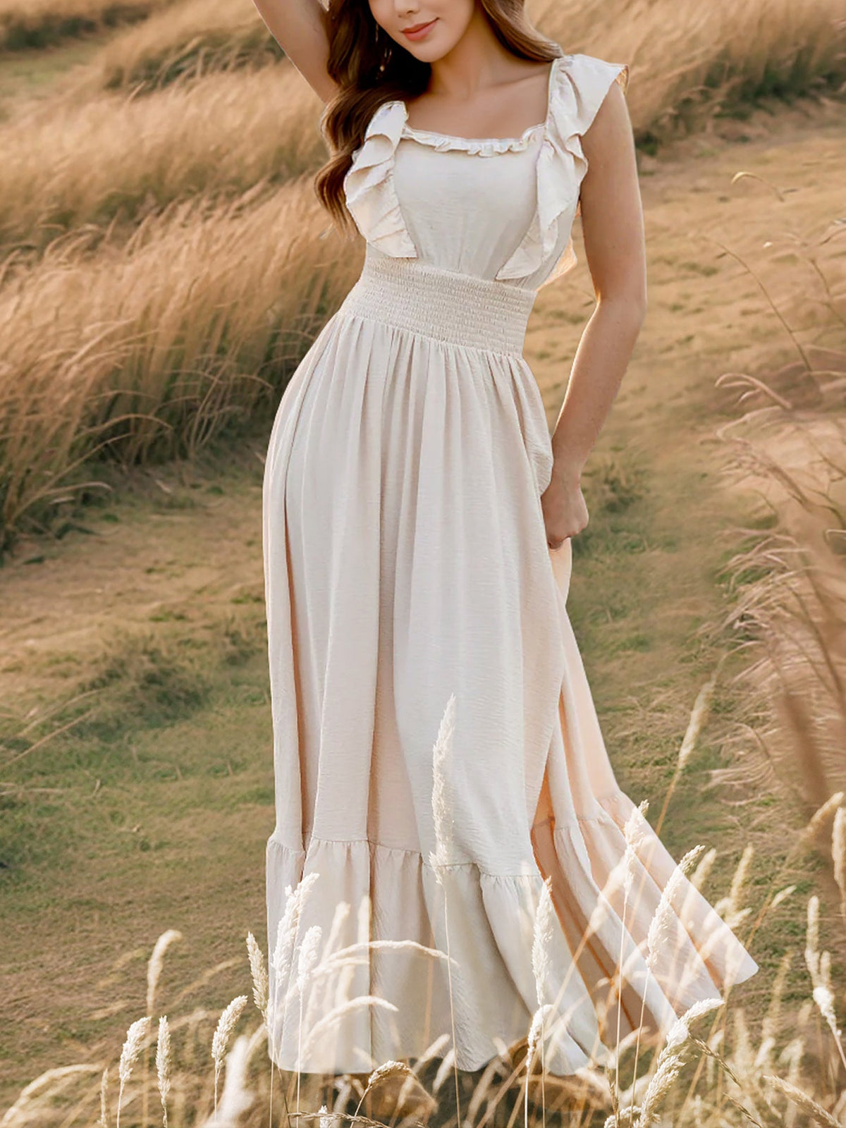 Off Shoulder Ruffled Solid Color Maxi Dress