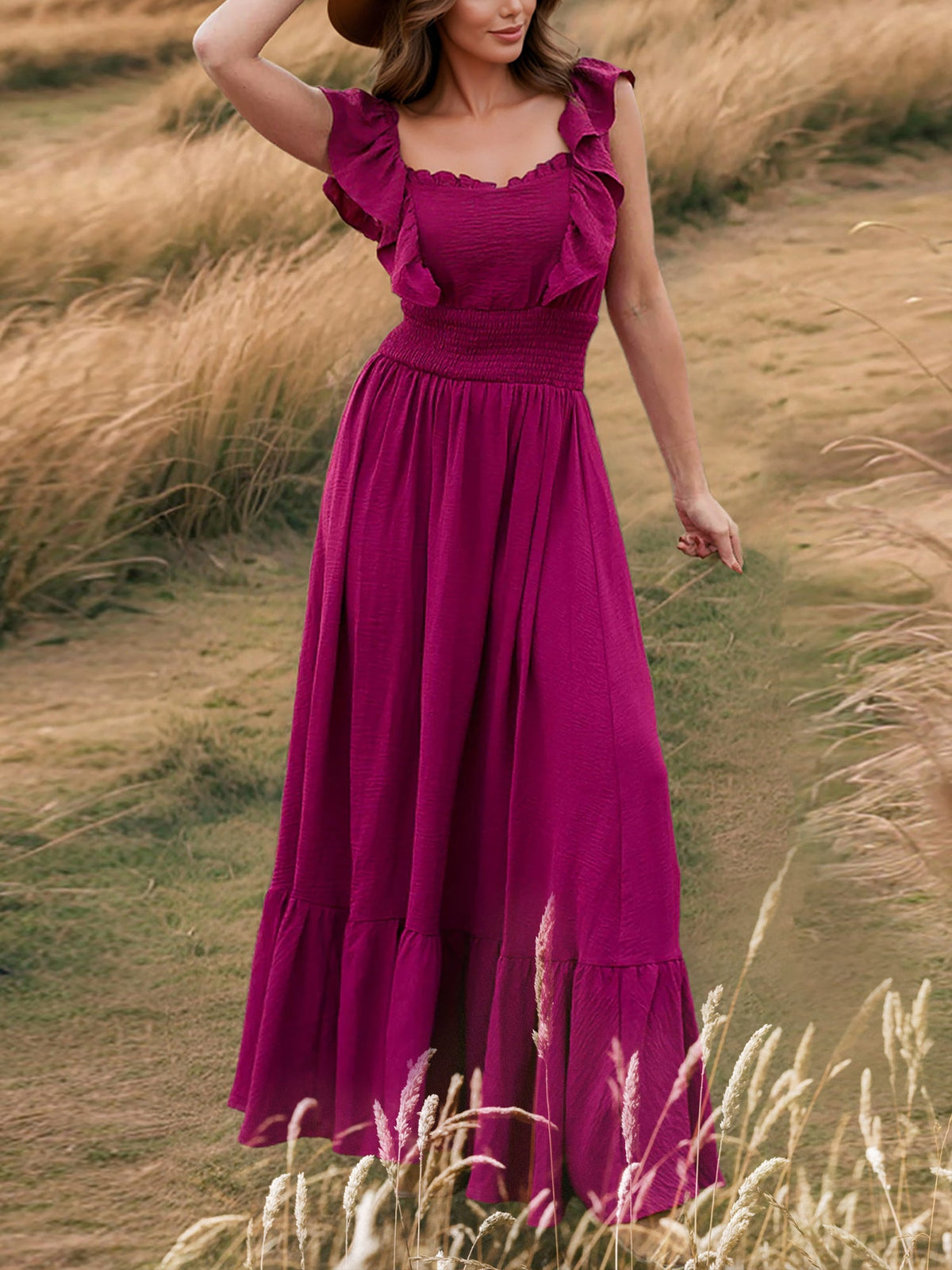 Off Shoulder Ruffled Solid Color Maxi Dress